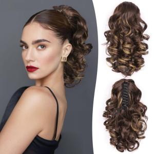 24 Inch Blonde Ponytail Extension, Clip on Ponytails for Women, Long Curly Ponytail Extensions for Women, Synthetic Layered Pony Tails Hair Extensions (Color: Dark Blonde With Beige Blonde Highlights)(Brown with Blonde Highlights)