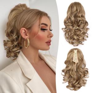 24 Inch Blonde Ponytail Extension, Clip on Ponytails for Women, Long Curly Ponytail Extensions for Women, Synthetic Layered Pony Tails Hair Extensions (Color: Dark Blonde With Beige Blonde Highlights)(Dark Blonde with Beige Blonde Highlights)