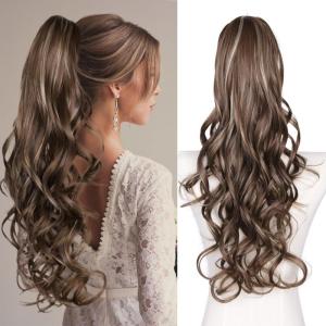26 Inch Ponytail Extension for Black Women, Long Layered Pony Tails Hair Extensions, Wavy Synthetic Drawstring Ponytail for Black Women for Daily Use (Color: Blonde with White Blonde Highlights)(Deep Almond Brown with Wheat Germ Blonde)
