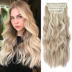 Blonde Clip in Hair Extensions – 14 Inch Wavy Synthetic Hair Extensions Clip ins (Color: Dark Blonde with Bleach Blonde Highlights)(16H613#)
