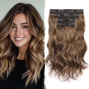 Blonde Clip in Hair Extensions – 14 Inch Wavy Synthetic Hair Extensions Clip ins (Color: Dark Blonde with Bleach Blonde Highlights)(22H10#)