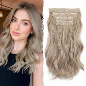Blonde Clip in Hair Extensions – 14 Inch Wavy Synthetic Hair Extensions Clip ins (Color: Dark Blonde with Bleach Blonde Highlights)(Ash Blonde Mix Beige Blonde)