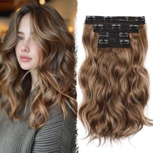 Blonde Clip in Hair Extensions – 14 Inch Wavy Synthetic Hair Extensions Clip ins (Color: Dark Blonde with Bleach Blonde Highlights)(Ash Brown with Beige Blonde Highlights)