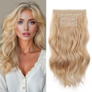 Blonde Clip in Hair Extensions – 14 Inch Wavy Synthetic Hair Extensions Clip ins (Color: Dark Blonde with Bleach Blonde Highlights)(Beige Blonde Mix Platinum Blonde)
