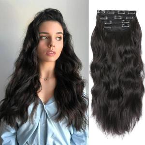 Blonde Clip in Hair Extensions – 14 Inch Wavy Synthetic Hair Extensions Clip ins (Color: Dark Blonde with Bleach Blonde Highlights)(Black with a Hint of Brown Gloss)