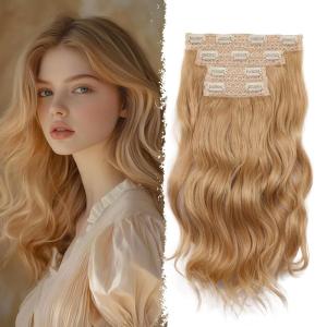 Blonde Clip in Hair Extensions – 14 Inch Wavy Synthetic Hair Extensions Clip ins (Color: Dark Blonde with Bleach Blonde Highlights)(Blonde mix Bleach Blonde)