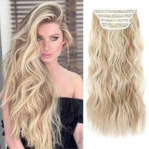 Blonde Clip in Hair Extensions – 14 Inch Wavy Synthetic Hair Extensions Clip ins (Color: Dark Blonde with Bleach Blonde Highlights)(Blonde with Beige Blonde Highlights)