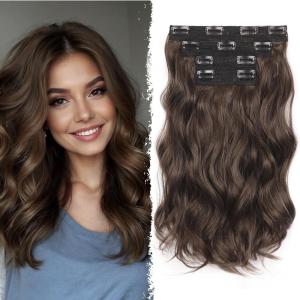 Blonde Clip in Hair Extensions – 14 Inch Wavy Synthetic Hair Extensions Clip ins (Color: Dark Blonde with Bleach Blonde Highlights)(Brown)