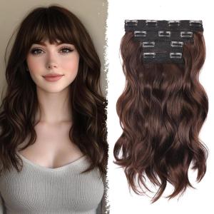 Blonde Clip in Hair Extensions – 14 Inch Wavy Synthetic Hair Extensions Clip ins (Color: Dark Blonde with Bleach Blonde Highlights)(Chestnut Brown Mix Brown)