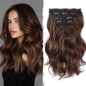 Blonde Clip in Hair Extensions – 14 Inch Wavy Synthetic Hair Extensions Clip ins (Color: Dark Blonde with Bleach Blonde Highlights)(Chestnut Brown with Dark Blonde Highlights)