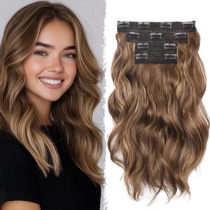 Blonde Clip in Hair Extensions – 14 Inch Wavy Synthetic Hair Extensions Clip ins (Color: Dark Blonde with Bleach Blonde Highlights)(Chestnut Brown with Golden Highlights)