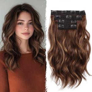 Blonde Clip in Hair Extensions – 14 Inch Wavy Synthetic Hair Extensions Clip ins (Color: Dark Blonde with Bleach Blonde Highlights)(Chestnut Brown with Light Brown Highlights)