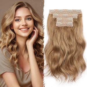 Blonde Clip in Hair Extensions – 14 Inch Wavy Synthetic Hair Extensions Clip ins (Color: Dark Blonde with Bleach Blonde Highlights)(Dark Blonde with Beige Blonde Highlights)