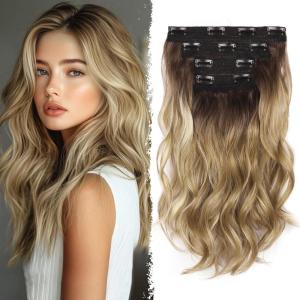 Blonde Clip in Hair Extensions – 14 Inch Wavy Synthetic Hair Extensions Clip ins (Color: Dark Blonde with Bleach Blonde Highlights)(Dark Blonde with Bleach Blonde Highlights)