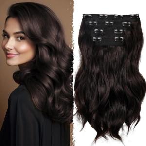 Blonde Clip in Hair Extensions – 14 Inch Wavy Synthetic Hair Extensions Clip ins (Color: Dark Blonde with Bleach Blonde Highlights)(Dark Brown)