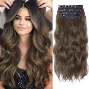 Blonde Clip in Hair Extensions – 14 Inch Wavy Synthetic Hair Extensions Clip ins (Color: Dark Blonde with Bleach Blonde Highlights)(Medium Brown)