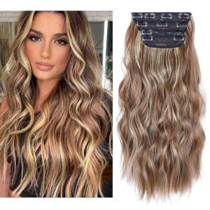 Blonde Clip in Hair Extensions – 14 Inch Wavy Synthetic Hair Extensions Clip ins (Color: Dark Blonde with Bleach Blonde Highlights)(Red Brown with Beige Blonde Highlights)