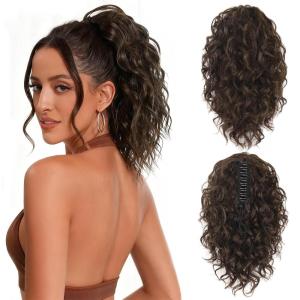 Clip on Ponytails for Women – 12 Inch Curly Black Ponytail Extension, Curly Pony Tails Hair Extensions, Synthetic Hair Extensions Ponytail, Natural Hair Pieces for Women (Color: Black)(Chocolate Brown)
