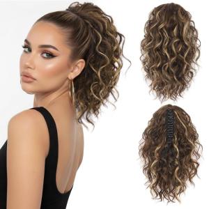 Clip on Ponytails for Women – 12 Inch Curly Black Ponytail Extension, Curly Pony Tails Hair Extensions, Synthetic Hair Extensions Ponytail, Natural Hair Pieces for Women (Color: Black)(Chestnut Brown with Blonde Highlights)