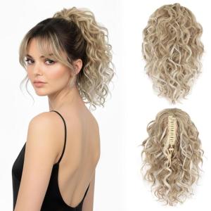 Clip on Ponytails for Women – 12 Inch Curly Black Ponytail Extension, Curly Pony Tails Hair Extensions, Synthetic Hair Extensions Ponytail, Natural Hair Pieces for Women (Color: Black)(Ash Blonde with White Highlights)