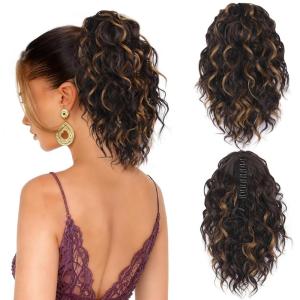 Clip on Ponytails for Women – 12 Inch Curly Black Ponytail Extension, Curly Pony Tails Hair Extensions, Synthetic Hair Extensions Ponytail, Natural Hair Pieces for Women (Color: Black)(Dark Brown with Honey Blonde Highlights)
