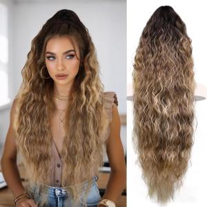 Clip on Ponytails for Women – 12 Inch Curly Black Ponytail Extension, Curly Pony Tails Hair Extensions, Synthetic Hair Extensions Ponytail, Natural Hair Pieces for Women (Color: Black)(Ombre Black Brown Mix Blonde)