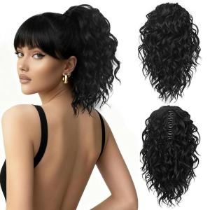 Clip on Ponytails for Women – 12 Inch Curly Black Ponytail Extension, Curly Pony Tails Hair Extensions, Synthetic Hair Extensions Ponytail, Natural Hair Pieces for Women (Color: Black)(Black)