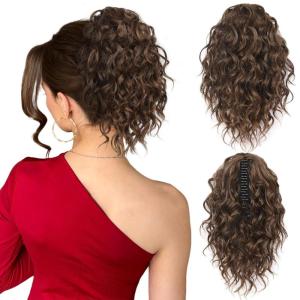 Clip on Ponytails for Women – 12 Inch Curly Black Ponytail Extension, Curly Pony Tails Hair Extensions, Synthetic Hair Extensions Ponytail, Natural Hair Pieces for Women (Color: Black)(Brown Mix Orange Brown)