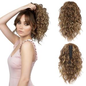 Clip on Ponytails for Women – 12 Inch Curly Black Ponytail Extension, Curly Pony Tails Hair Extensions, Synthetic Hair Extensions Ponytail, Natural Hair Pieces for Women (Color: Black)(Light Brown with Blonde Highlights)
