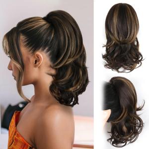 Clip on Ponytails for Women – 26 Inch Long Ponytail Extension, Wavy Pony Tails Hair Extensions, Synthetic Hair Extensions Ponytail, Clip in Ponytail (Color: Chestnut Brown With Golden Highlights)(Dark Brown with Honey Blonde Highlights)