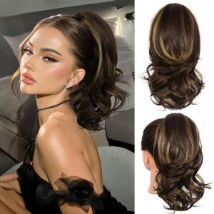 Clip on Ponytails for Women – 26 Inch Long Ponytail Extension, Wavy Pony Tails Hair Extensions, Synthetic Hair Extensions Ponytail, Clip in Ponytail (Color: Chestnut Brown With Golden Highlights)(Brown with Blonde Highlights)