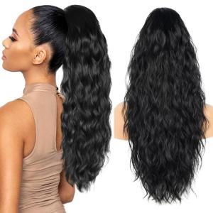Ponytail Extension for Women, 26 inch Drawstring Ponytail Extension, Wavy Pony Tails Hair Extensions, Synthetic Hair Extensions Ponytail for Daily Use (Deep Almond Brown with Wheat Germ Blonde)(Black)