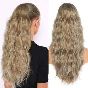 Ponytail Extension for Women, 26 inch Drawstring Ponytail Extension, Wavy Pony Tails Hair Extensions, Synthetic Hair Extensions Ponytail for Daily Use (Deep Almond Brown with Wheat Germ Blonde)(Light Ash Brown Mixed White)
