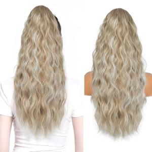 Ponytail Extension for Women, 26 inch Drawstring Ponytail Extension, Wavy Pony Tails Hair Extensions, Synthetic Hair Extensions Ponytail for Daily Use (Deep Almond Brown with Wheat Germ Blonde)(Ash Blonde with White Highlights)