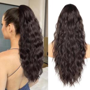 Ponytail Extension for Women, 26 inch Drawstring Ponytail Extension, Wavy Pony Tails Hair Extensions, Synthetic Hair Extensions Ponytail for Daily Use (Deep Almond Brown with Wheat Germ Blonde)(Dark Brown)