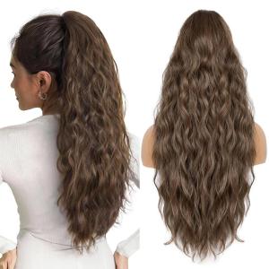 Ponytail Extension for Women, 26 inch Drawstring Ponytail Extension, Wavy Pony Tails Hair Extensions, Synthetic Hair Extensions Ponytail for Daily Use (Deep Almond Brown with Wheat Germ Blonde)(Orange Brown)