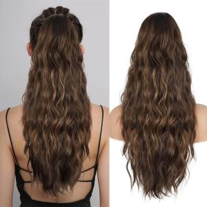 Ponytail Extension for Women, 26 inch Drawstring Ponytail Extension, Wavy Pony Tails Hair Extensions, Synthetic Hair Extensions Ponytail for Daily Use (Deep Almond Brown with Wheat Germ Blonde)(Brown Mixed Honey Blonde)