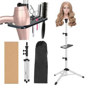 Wig Stand Tripod 50 Inch Metal Wig Mannequin Head Tripod Stand For Hairdressing Training Head Adjustable Wig Tripod Stand with Tool Tray (Golden, Mannequin Head Not Included)(Wig Stand Tripod Silvery)