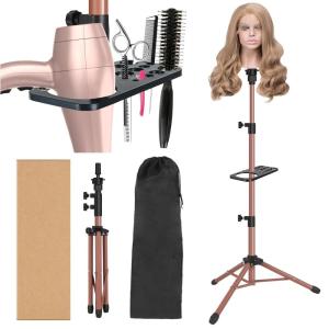 Wig Stand Tripod 50 Inch Metal Wig Mannequin Head Tripod Stand For Hairdressing Training Head Adjustable Wig Tripod Stand with Tool Tray (Golden, Mannequin Head Not Included)(Wig Stand Tripod Latte)