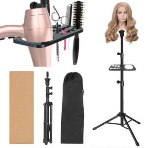 Wig Stand Tripod 50 Inch Metal Wig Mannequin Head Tripod Stand For Hairdressing Training Head Adjustable Wig Tripod Stand with Tool Tray (Golden, Mannequin Head Not Included)(Wig Stand Tripod)