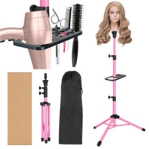 Wig Stand Tripod 50 Inch Metal Wig Mannequin Head Tripod Stand For Hairdressing Training Head Adjustable Wig Tripod Stand with Tool Tray (Golden, Mannequin Head Not Included)(Wig Stand Tripod Pink)