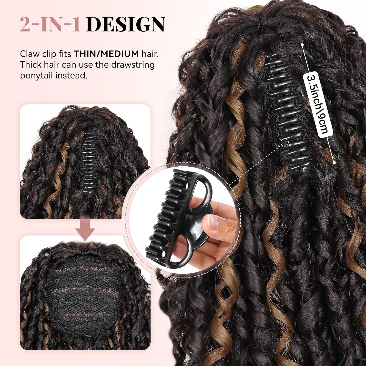 image:image16 Inch Ponytail Extension Clip in Ponytail Hair Extensions Curly Spring Curls Pony Tails Hair Extensions Synthetic Claw Clip Ponytail Extension for Women Color Copper BrownDark Brown with Honey Blonde Highlights