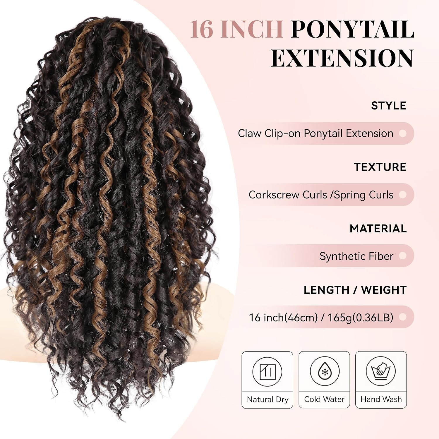 image:image16 Inch Ponytail Extension Clip in Ponytail Hair Extensions Curly Spring Curls Pony Tails Hair Extensions Synthetic Claw Clip Ponytail Extension for Women Color Copper BrownDark Brown with Honey Blonde Highlights