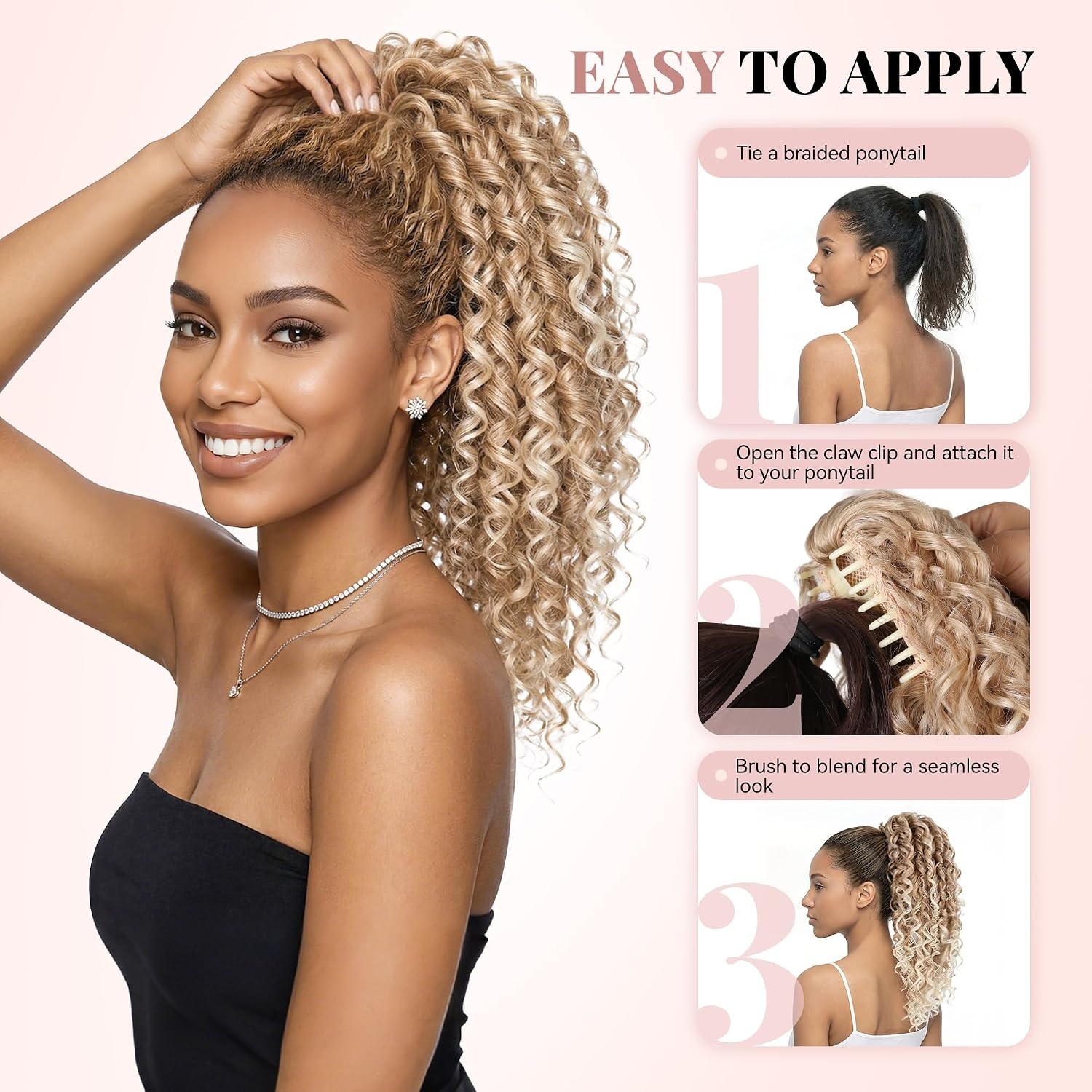 image:image16 Inch Ponytail Extension Clip in Ponytail Hair Extensions Curly Spring Curls Pony Tails Hair Extensions Synthetic Claw Clip Ponytail Extension for Women Color Copper BrownMedium Blonde With Bleach Blonde Ends