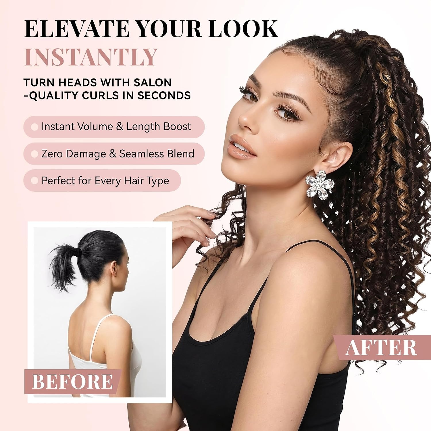 image:image16 Inch Ponytail Extension Clip in Ponytail Hair Extensions Curly Spring Curls Pony Tails Hair Extensions Synthetic Claw Clip Ponytail Extension for Women Color Copper BrownBrown with Blonde Highlights