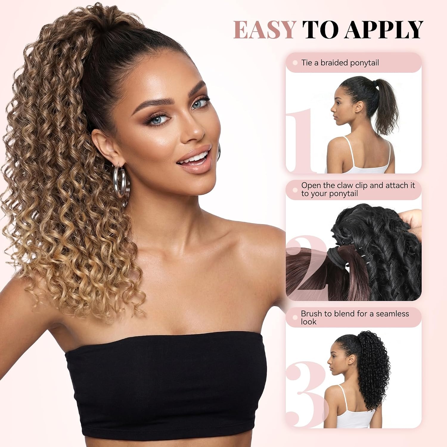 image:image16 Inch Ponytail Extension Clip in Ponytail Hair Extensions Curly Spring Curls Pony Tails Hair Extensions Synthetic Claw Clip Ponytail Extension for Women Color Copper BrownLight Brown with Blonde Ends
