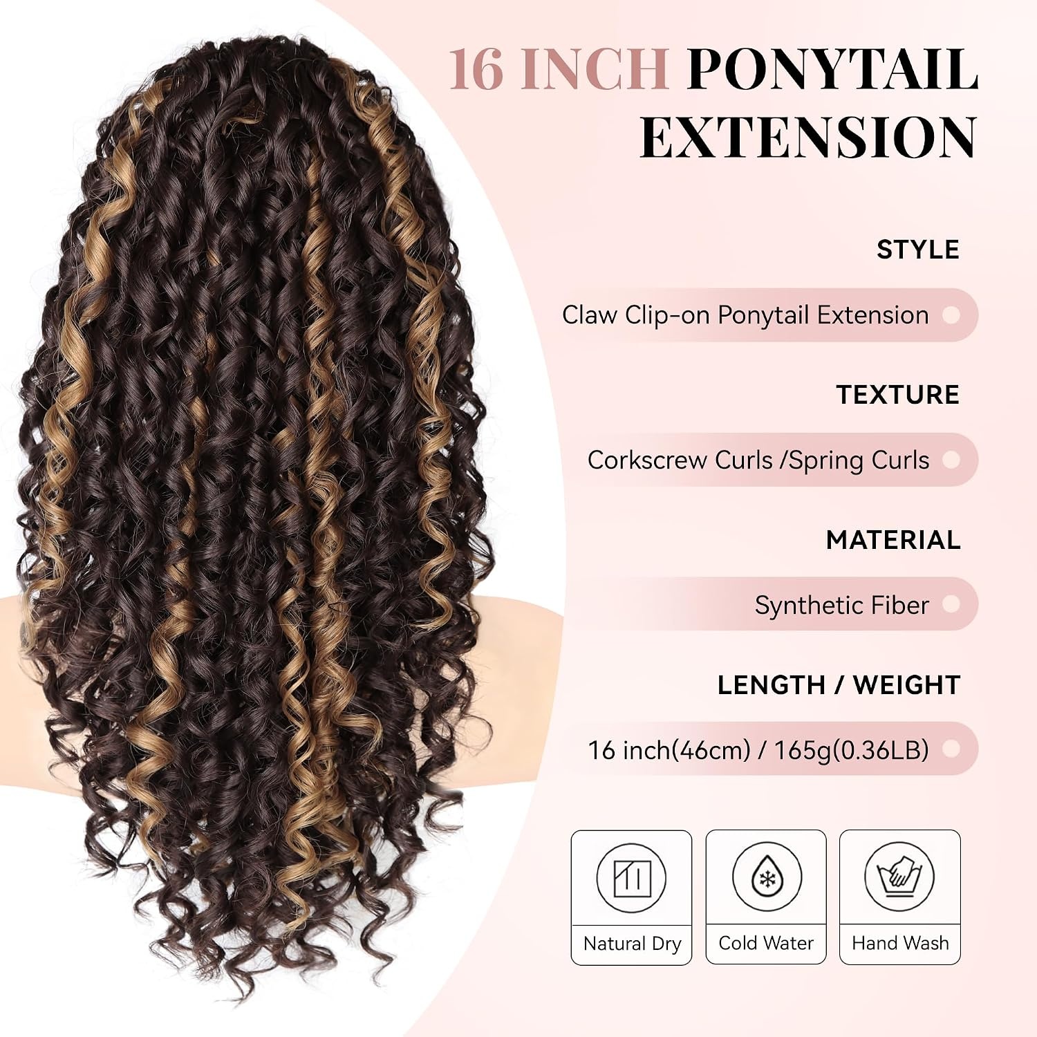 image:image16 Inch Ponytail Extension Clip in Ponytail Hair Extensions Curly Spring Curls Pony Tails Hair Extensions Synthetic Claw Clip Ponytail Extension for Women Color Copper BrownBrown with Blonde Highlights