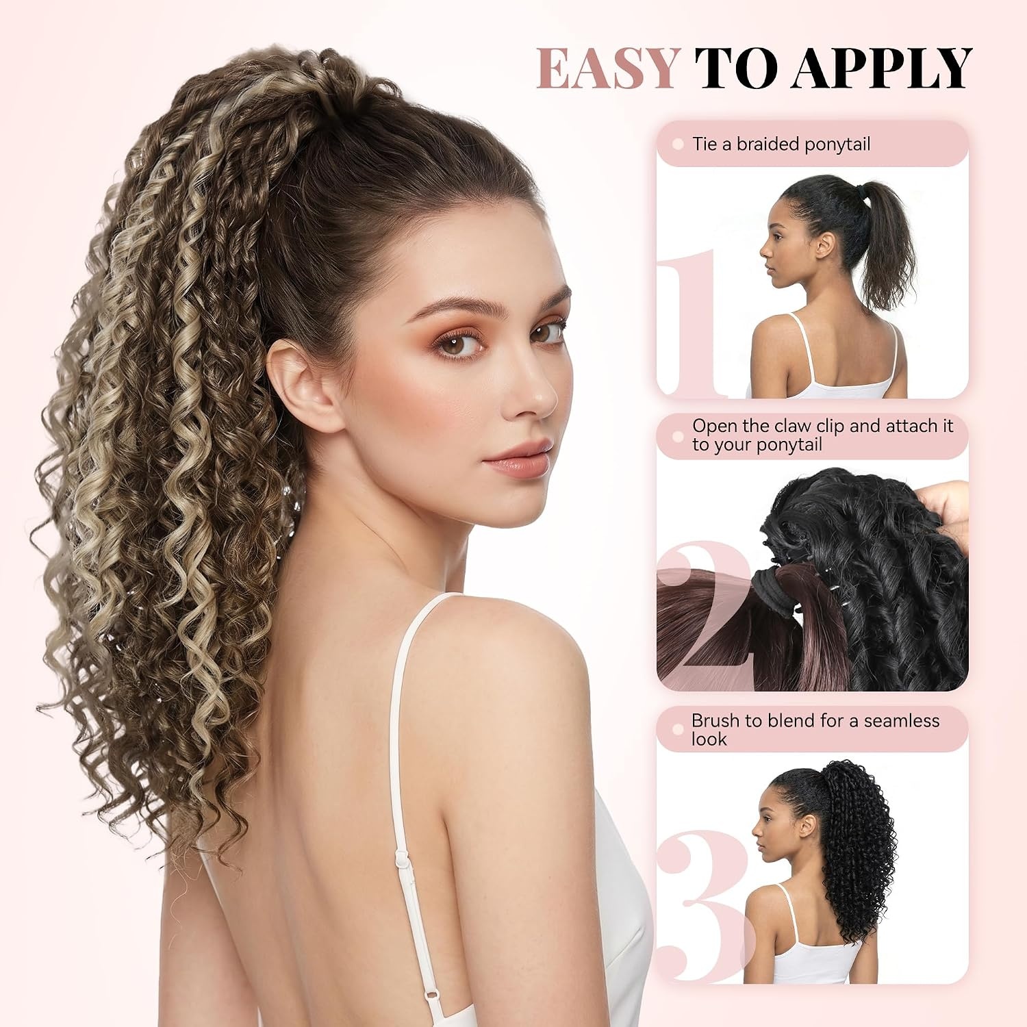 image:image16 Inch Ponytail Extension Clip in Ponytail Hair Extensions Curly Spring Curls Pony Tails Hair Extensions Synthetic Claw Clip Ponytail Extension for Women Color Copper BrownAsh Brown with Beige Blonde Highlights