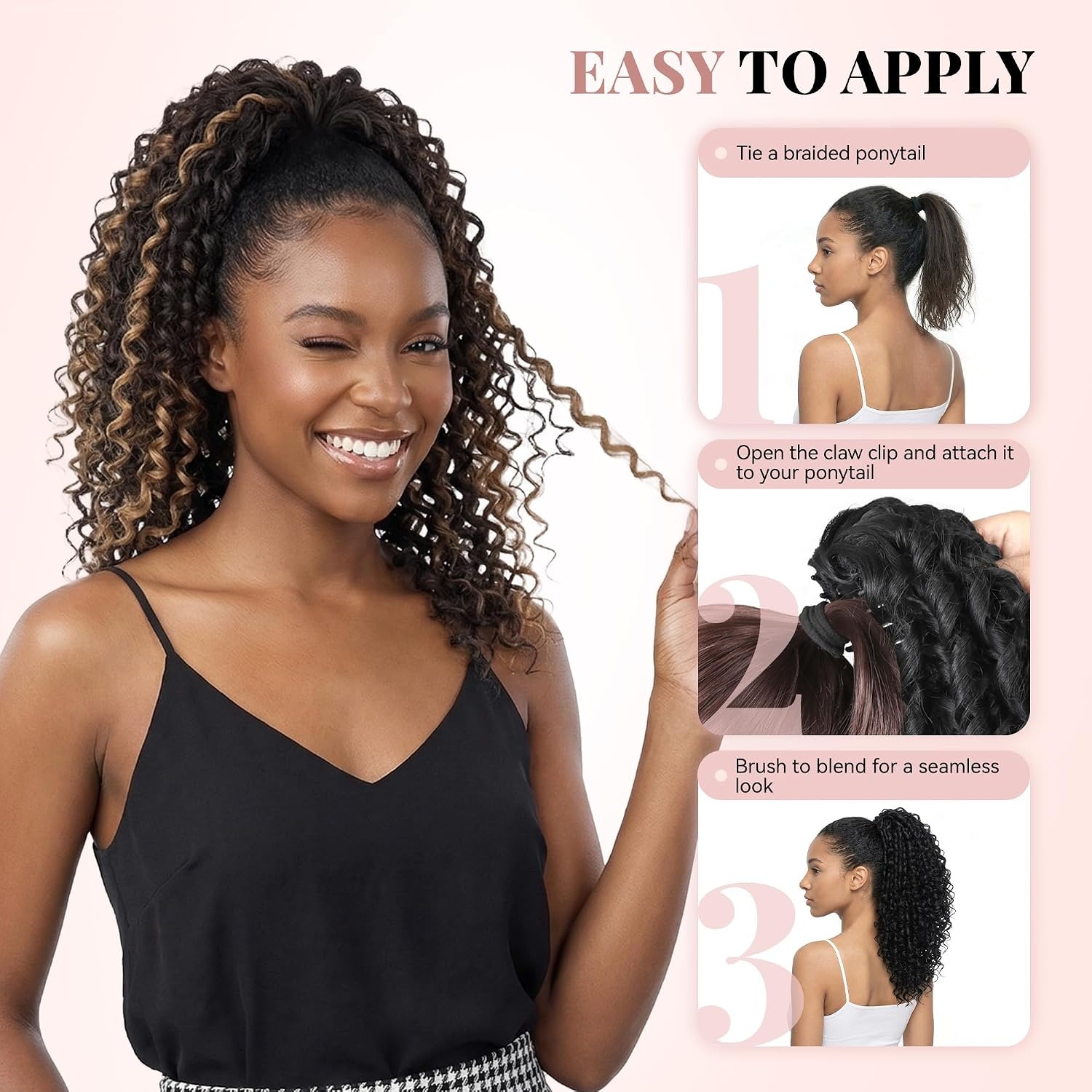 image:image16 Inch Ponytail Extension Clip in Ponytail Hair Extensions Curly Spring Curls Pony Tails Hair Extensions Synthetic Claw Clip Ponytail Extension for Women Color Copper BrownDark Brown with Honey Blonde Highlights