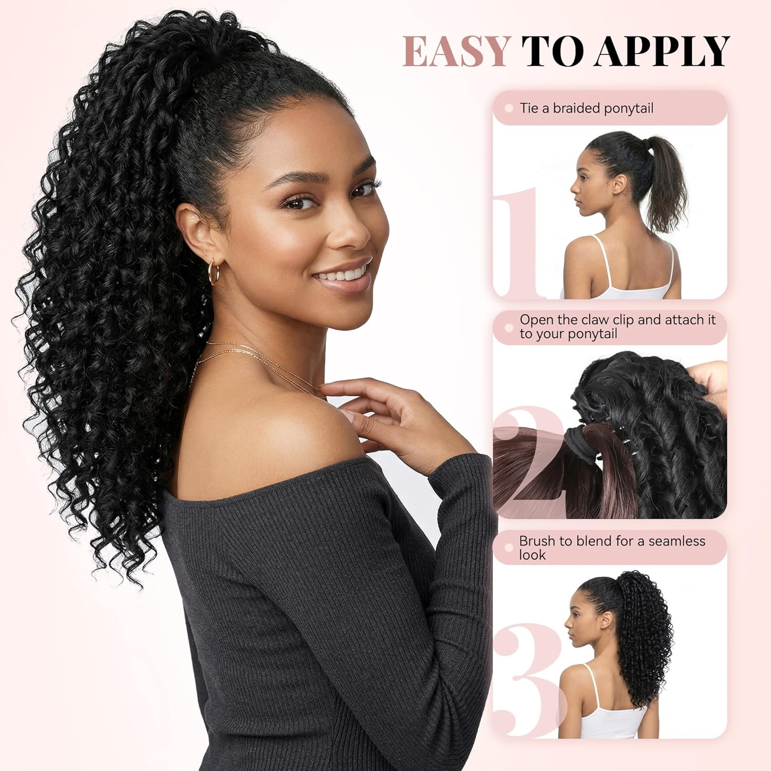 image:image16 Inch Ponytail Extension Clip in Ponytail Hair Extensions Curly Spring Curls Pony Tails Hair Extensions Synthetic Claw Clip Ponytail Extension for Women Color Copper BrownBlack